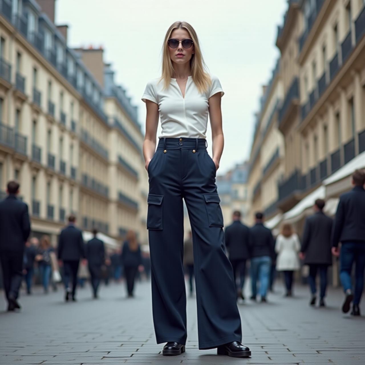 Mannequin portant un pantalon cargo Borealis Threads dans les rues de Paris