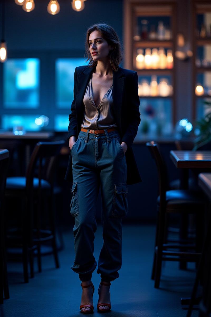 Look de nuit : Pantalon cargo avec talons et blazer