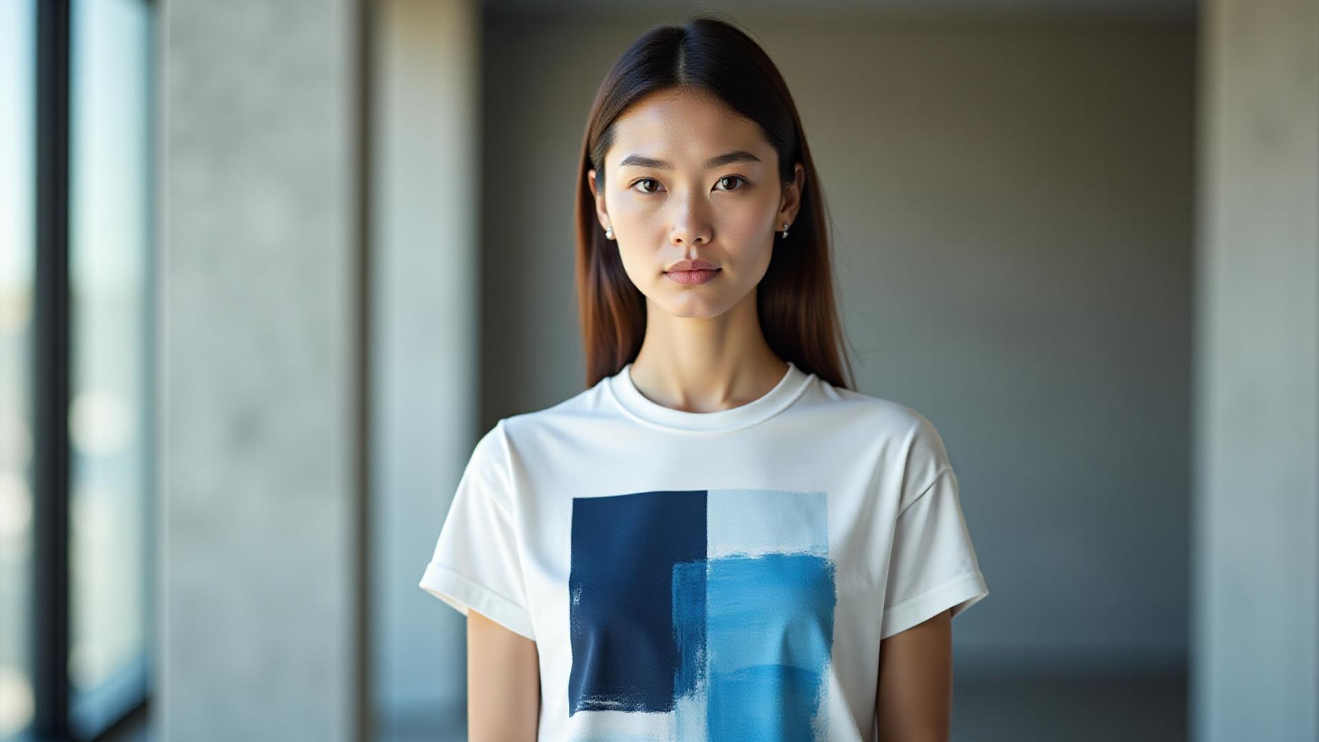 Mannequin portant un tee-shirt Borealis Threads aux motifs abstraits bleus et gris